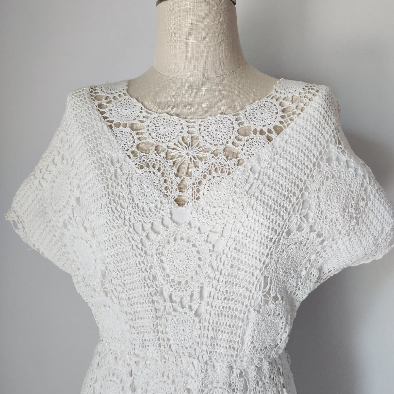 Vintage 1970s Hand Crochet Dress Line White Cotton Lace Elastic Waist Bust 40" - Thumbnail 6