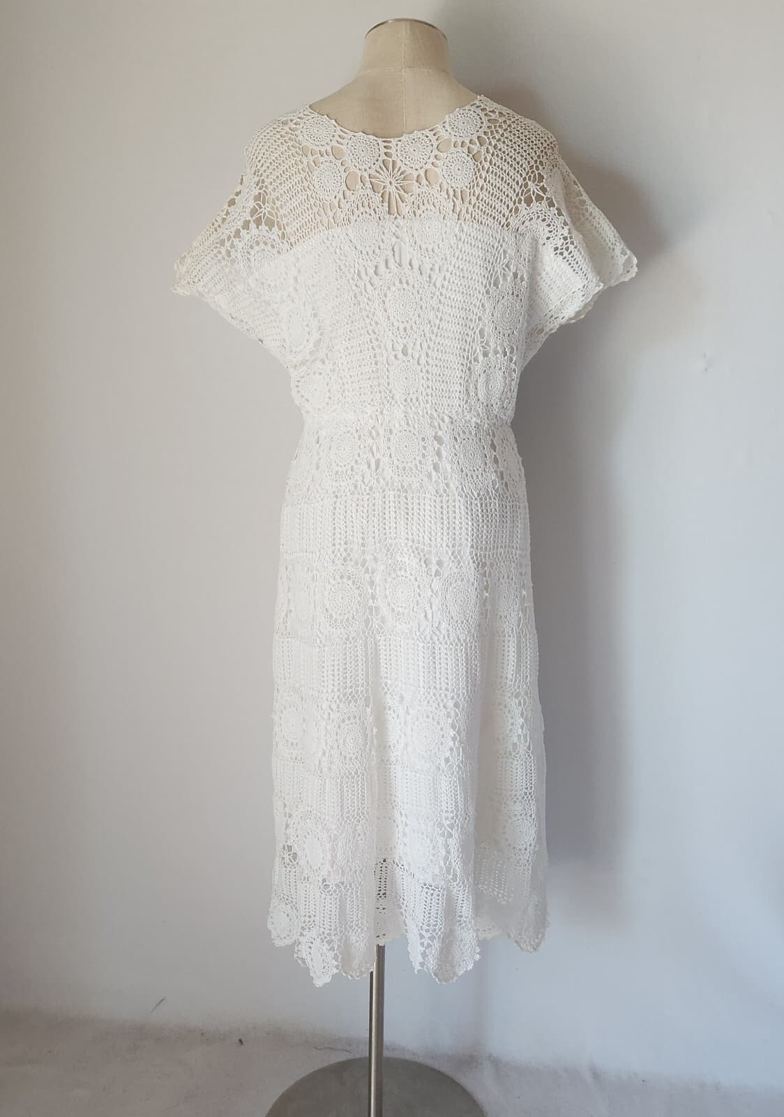 Vintage 1970s Hand Crochet Dress Line White Cotton Lace Elastic Waist Bust 40" - Thumbnail 7