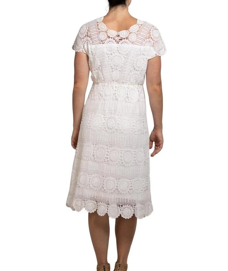 Vintage 1970s Hand Crochet Dress Line White Cotton Lace Elastic Waist Bust 40" - Thumbnail 9