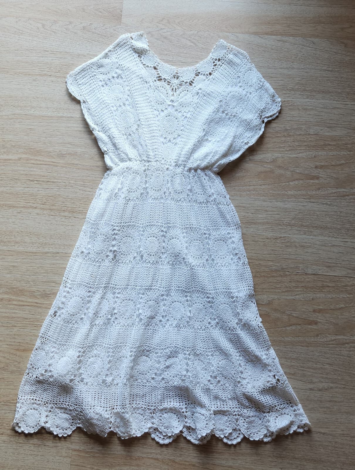 Vintage 1970s Hand Crochet Dress Line White Cotton Lace Elastic Waist Bust 40" - Thumbnail 10