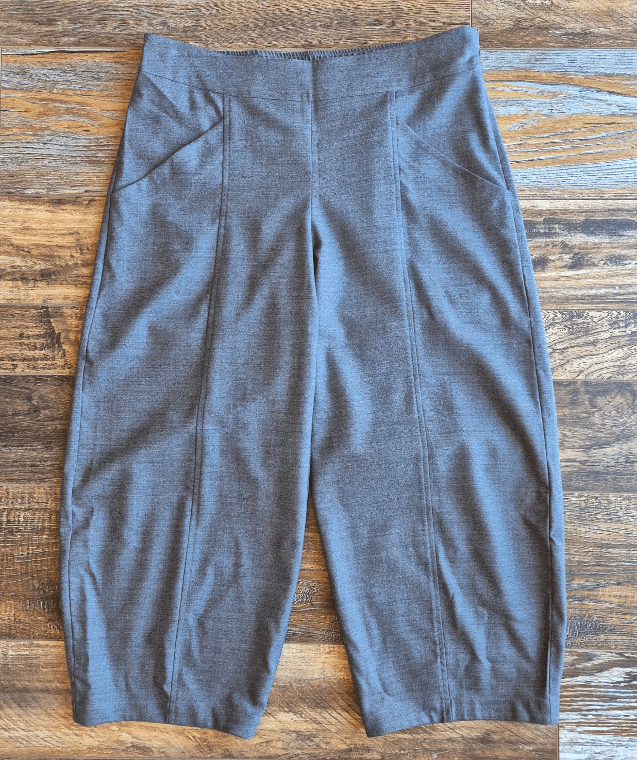 EILEEN FISHER Wool Blend Barrel Wide-Leg Cropped Pants Elastic Pocket Grey Sz.M