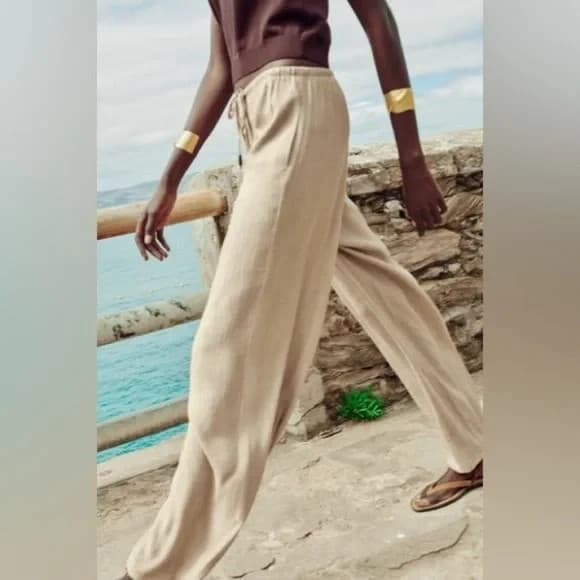 ZARA Chinkle Gauze Wide Leg Pants Elastic Waist Pull-On Pocket Light-Brown Sz.M - Thumbnail 6