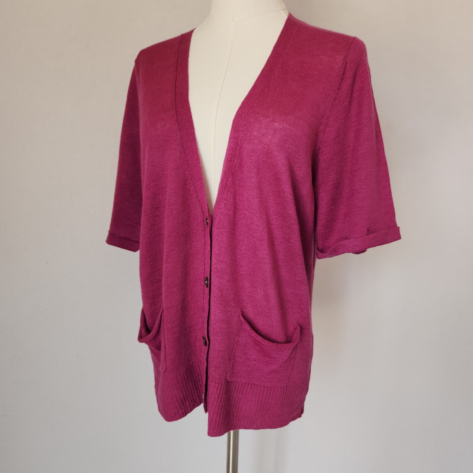 EILEEN FISHER Italian Linen Silk Knit Button-Front Top Short Sleeve Purple Sz.L - Thumbnail 2