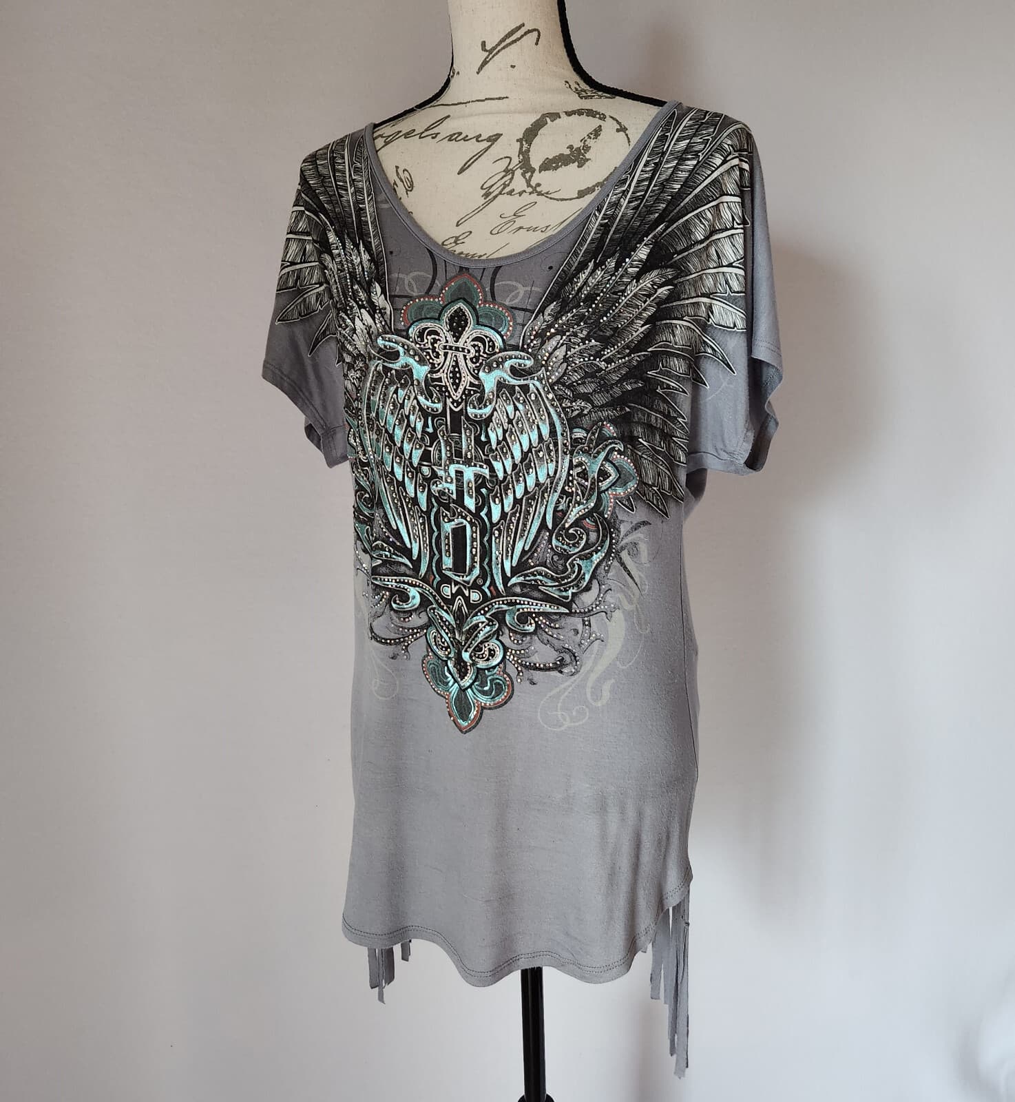 Harley-Davidson Fluer De Lis Crystal Embellished Fringe Tee-Shirt Grey Women L - Thumbnail 2