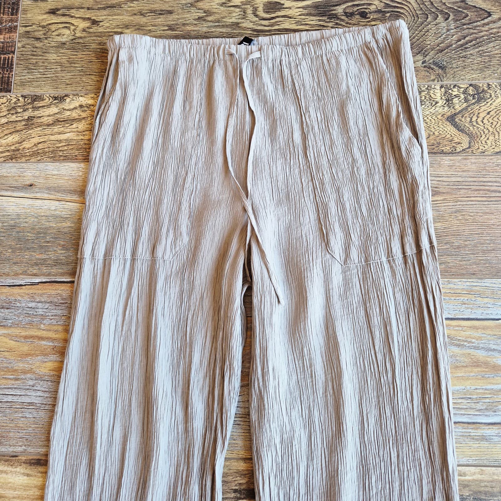 ZARA Chinkle Gauze Wide Leg Pants Elastic Waist Pull-On Pocket Light-Brown Sz.M - Thumbnail 3