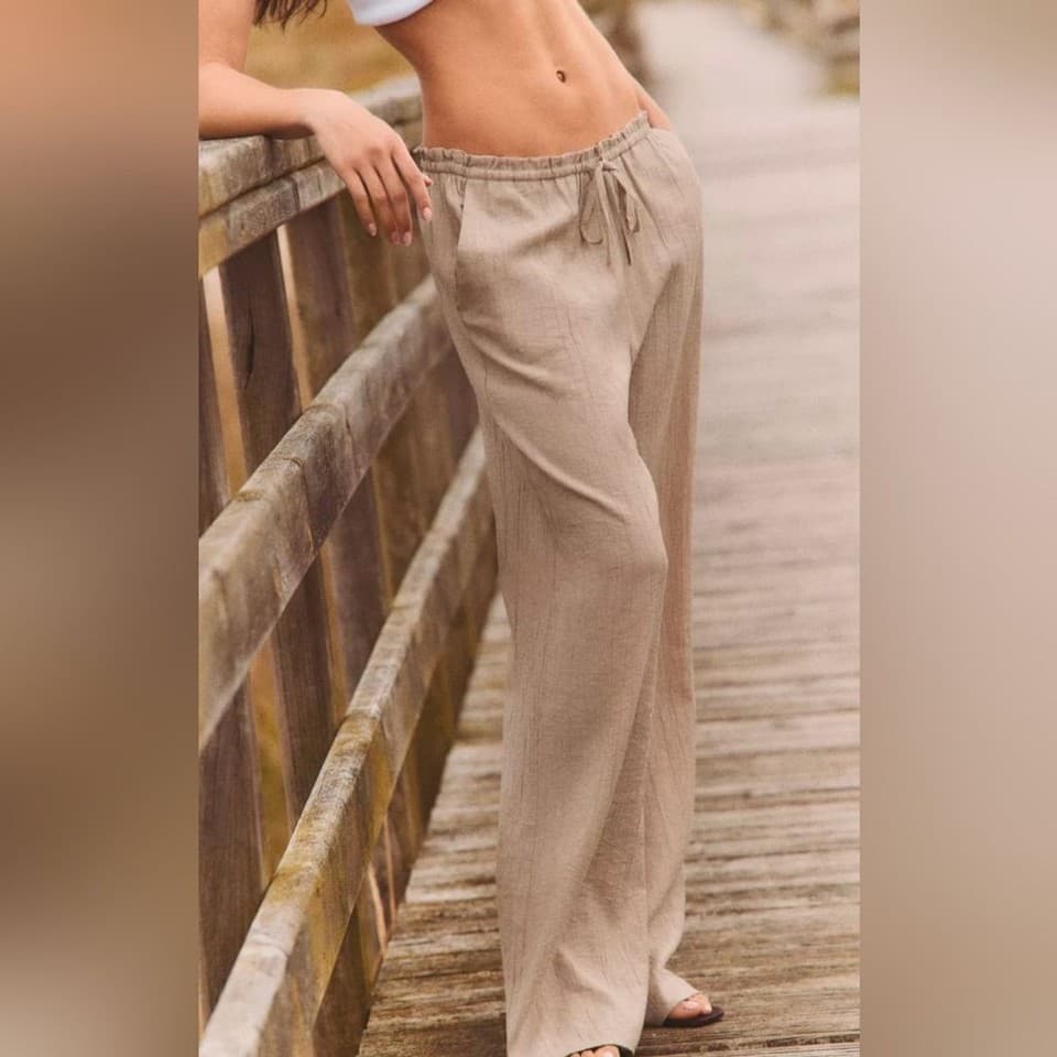 ZARA Chinkle Gauze Wide Leg Pants Elastic Waist Pull-On Pocket Light-Brown Sz.M - Thumbnail 2