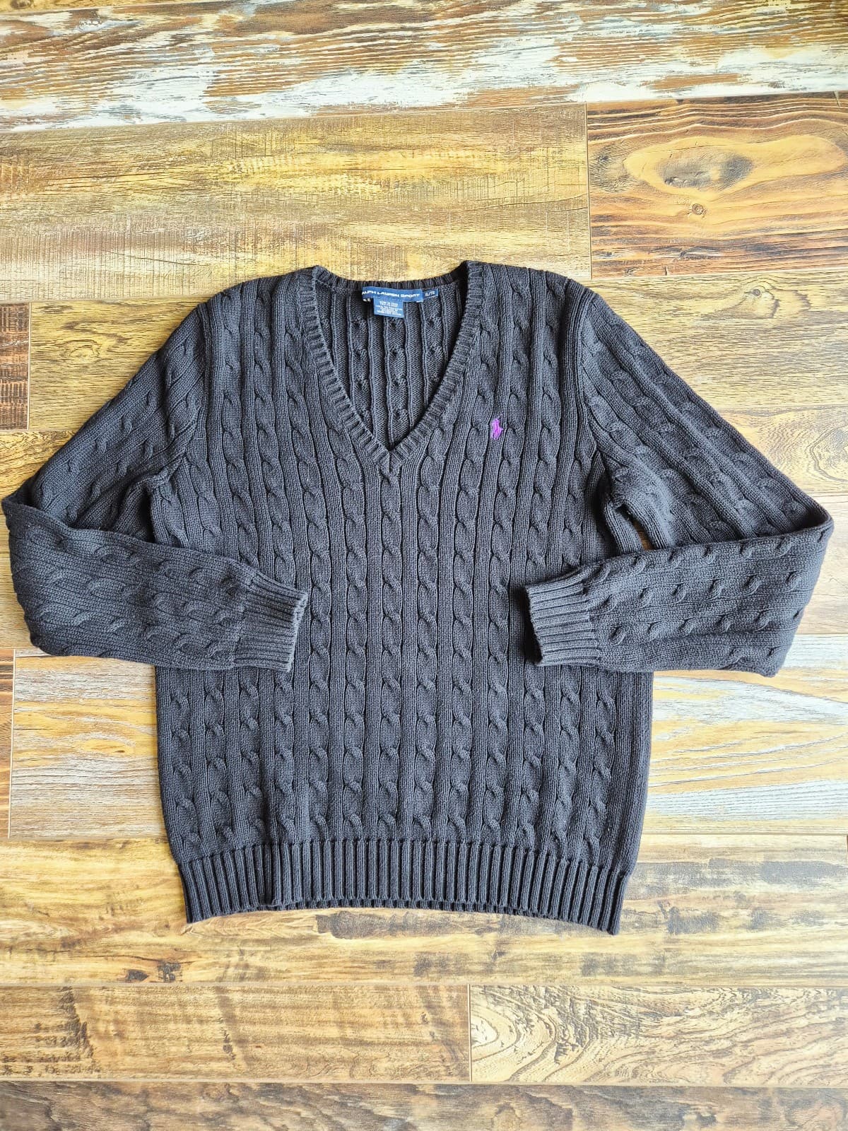Vintage Y2K Ralph Lauren Sport Pony Cotton Cable Knit V-Neck Sweater Black Sz.XL - Thumbnail 7