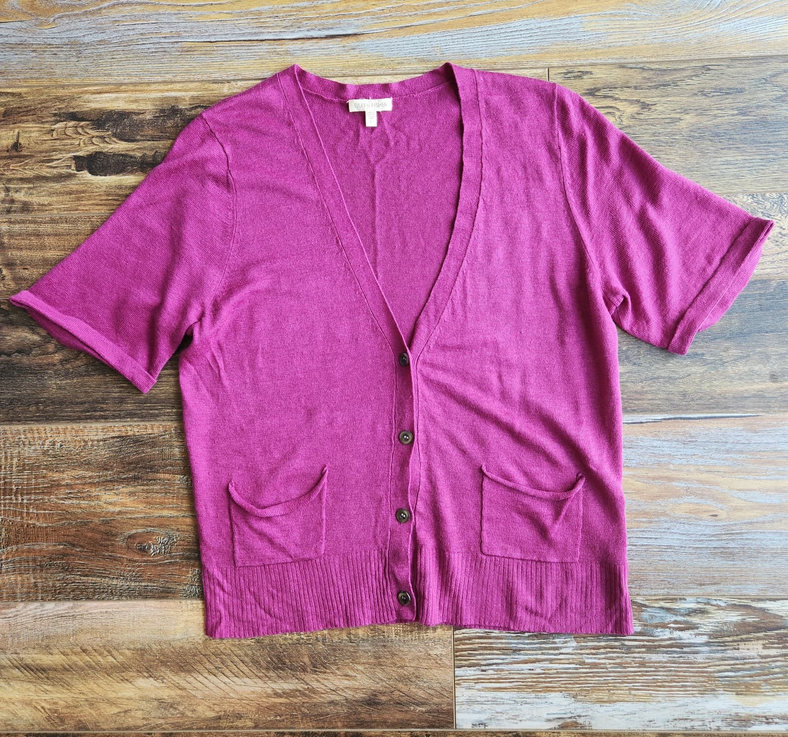 EILEEN FISHER Italian Linen Silk Knit Button-Front Top Short Sleeve Purple Sz.L - Thumbnail 4