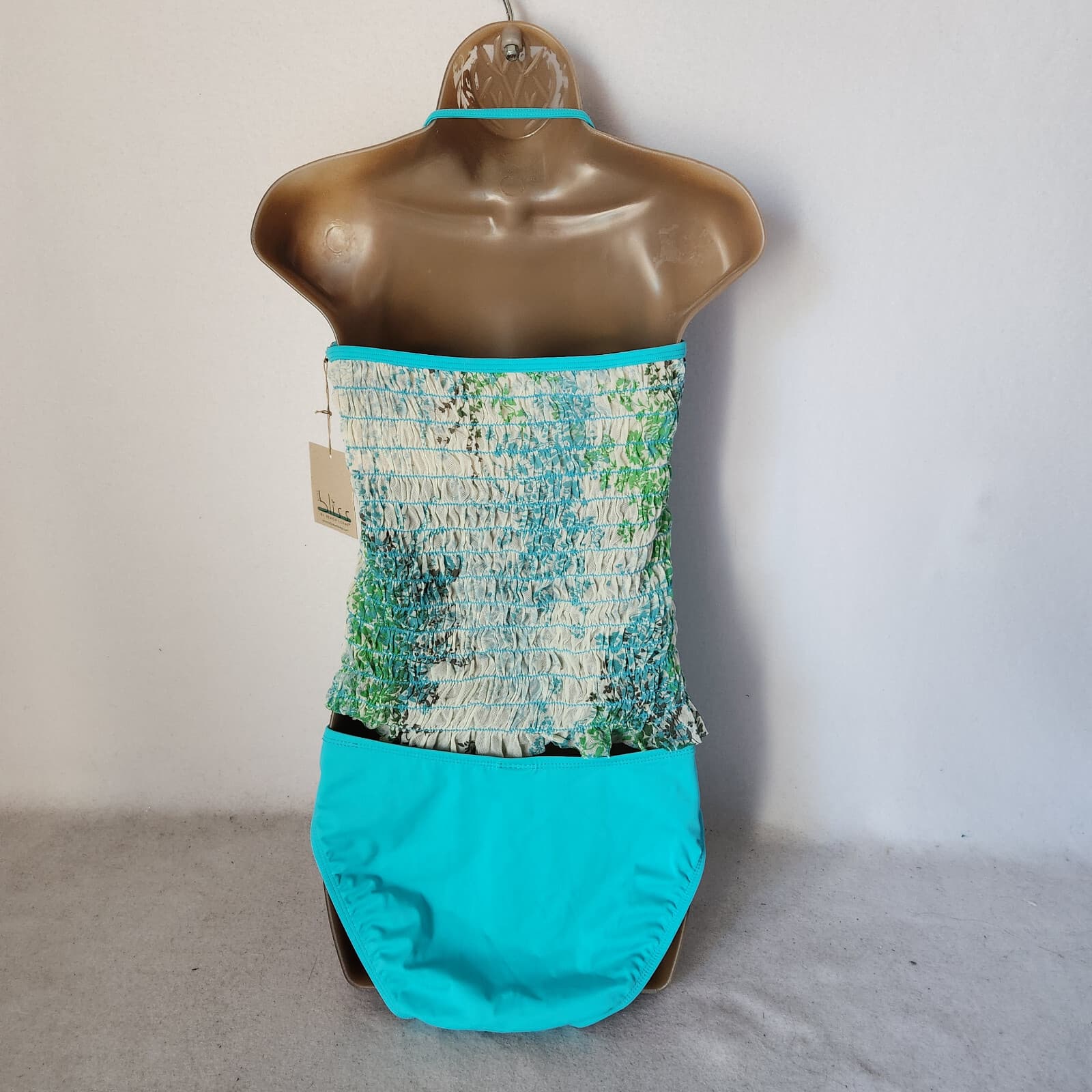NWT Pure Bliss by Beach Scene 2 Piece Swimsuit Mesh-Smocked Floral Blue Sz.12 - Thumbnail 3