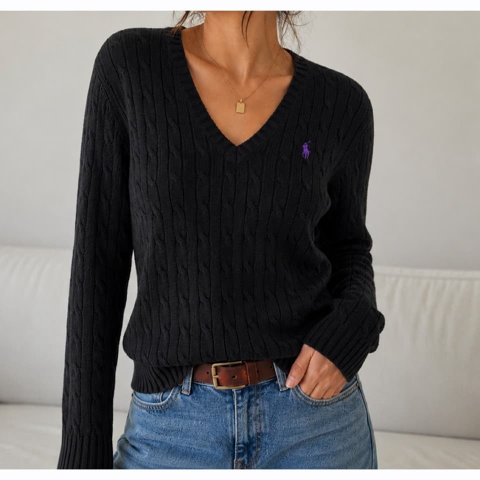 Vintage Y2K Ralph Lauren Sport Pony Cotton Cable Knit V-Neck Sweater Black Sz.XL - Thumbnail 2