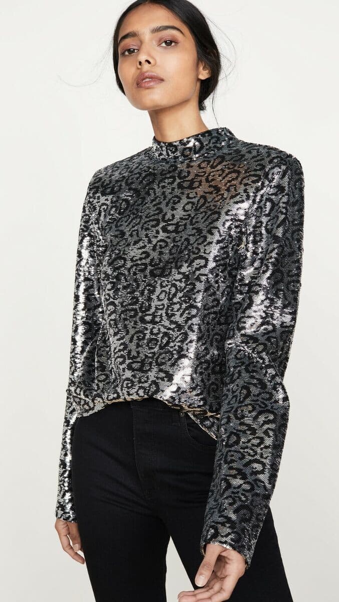 RtA $325 Freddie Sequin Silver Leopard Cocktail Party Top Mock Neck Slit-Back S - Thumbnail 4