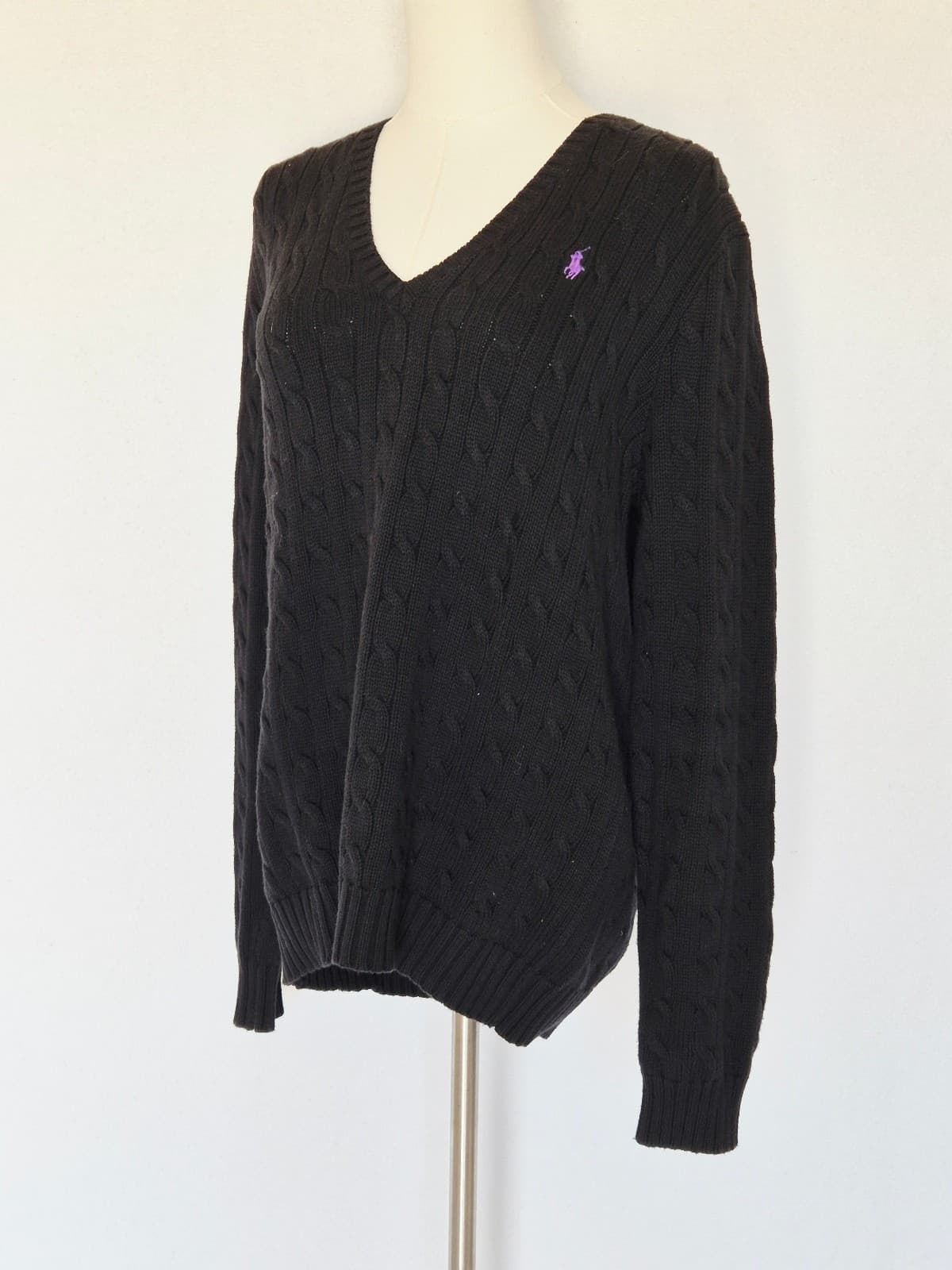 Vintage Y2K Ralph Lauren Sport Pony Cotton Cable Knit V-Neck Sweater Black Sz.XL - Thumbnail 4