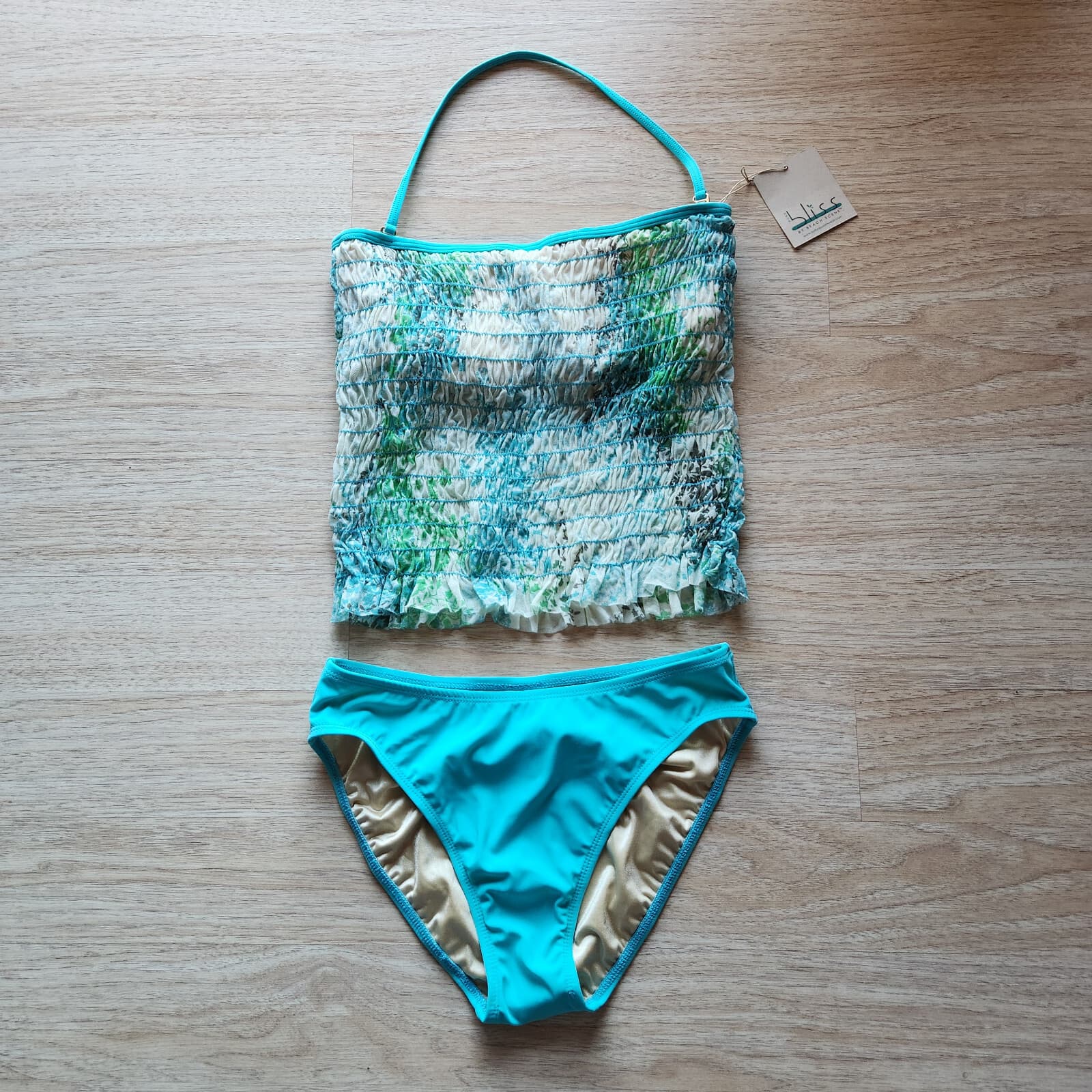 NWT Pure Bliss by Beach Scene 2 Piece Swimsuit Mesh-Smocked Floral Blue Sz.12 - Thumbnail 2