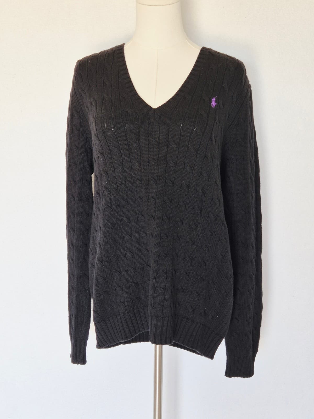 Vintage Y2K Ralph Lauren Sport Pony Cotton Cable Knit V-Neck Sweater Black Sz.XL - Thumbnail 3