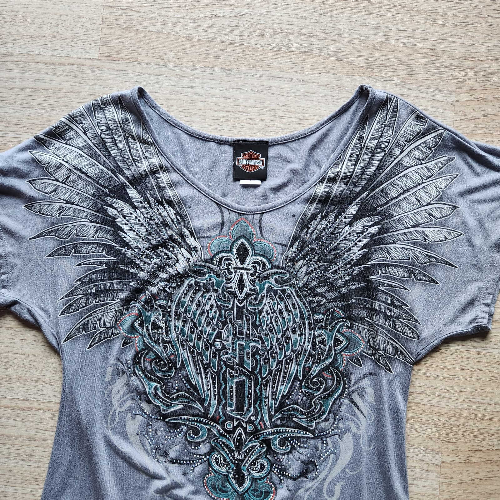 Harley-Davidson Fluer De Lis Crystal Embellished Fringe Tee-Shirt Grey Women L - Thumbnail 5