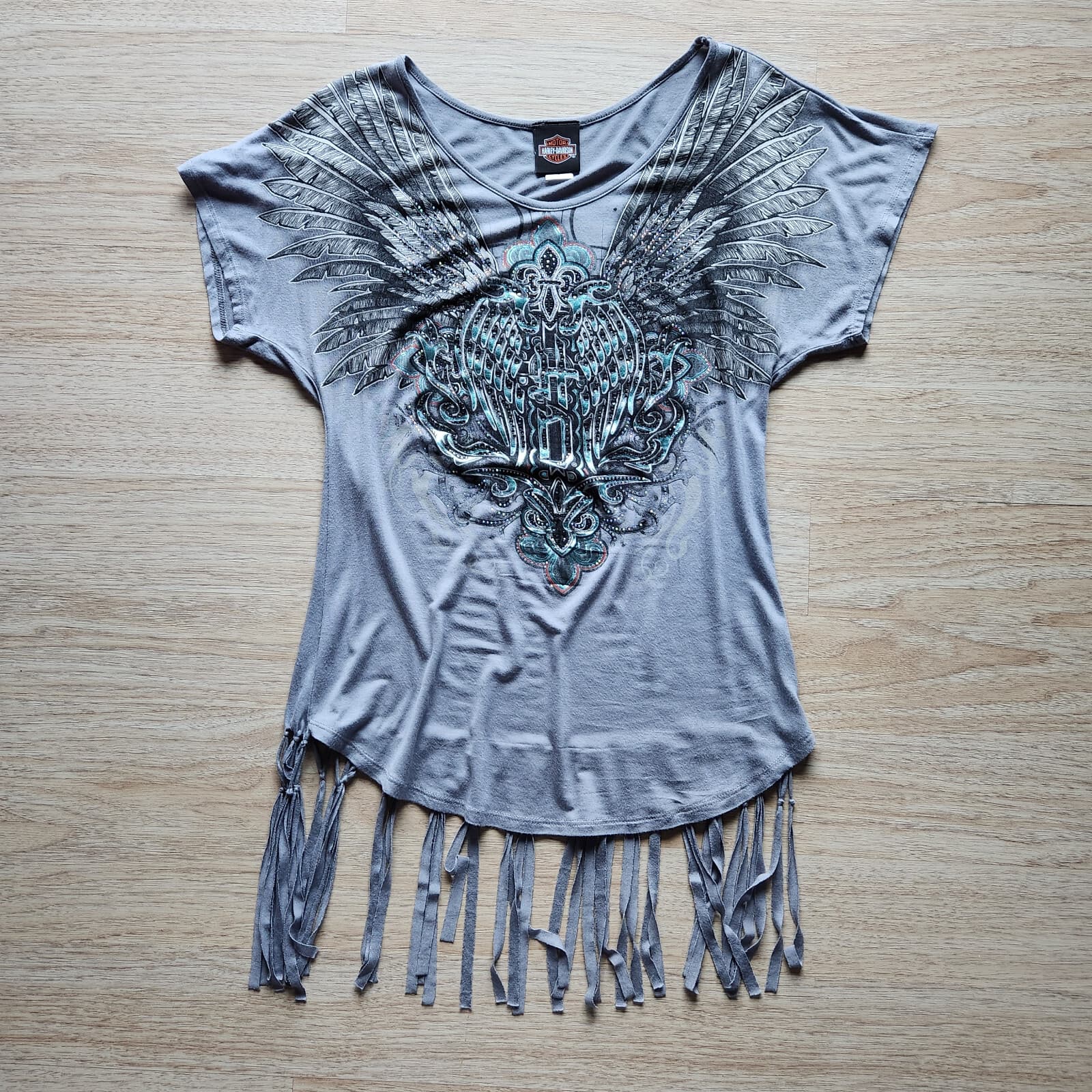 Harley-Davidson Fluer De Lis Crystal Embellished Fringe Tee-Shirt Grey Women L - Thumbnail 4