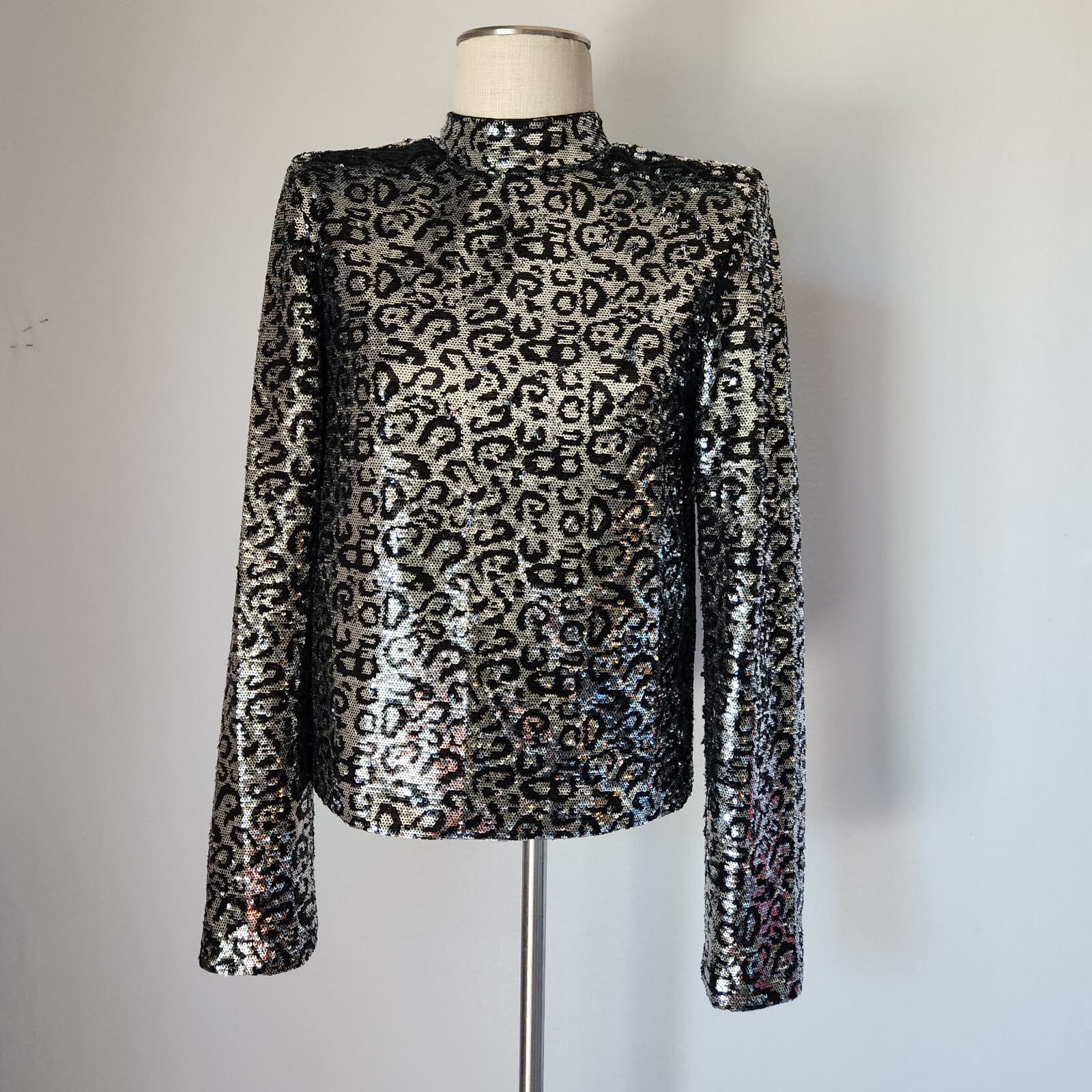 RtA $325 Freddie Sequin Silver Leopard Cocktail Party Top Mock Neck Slit-Back S - Thumbnail 3