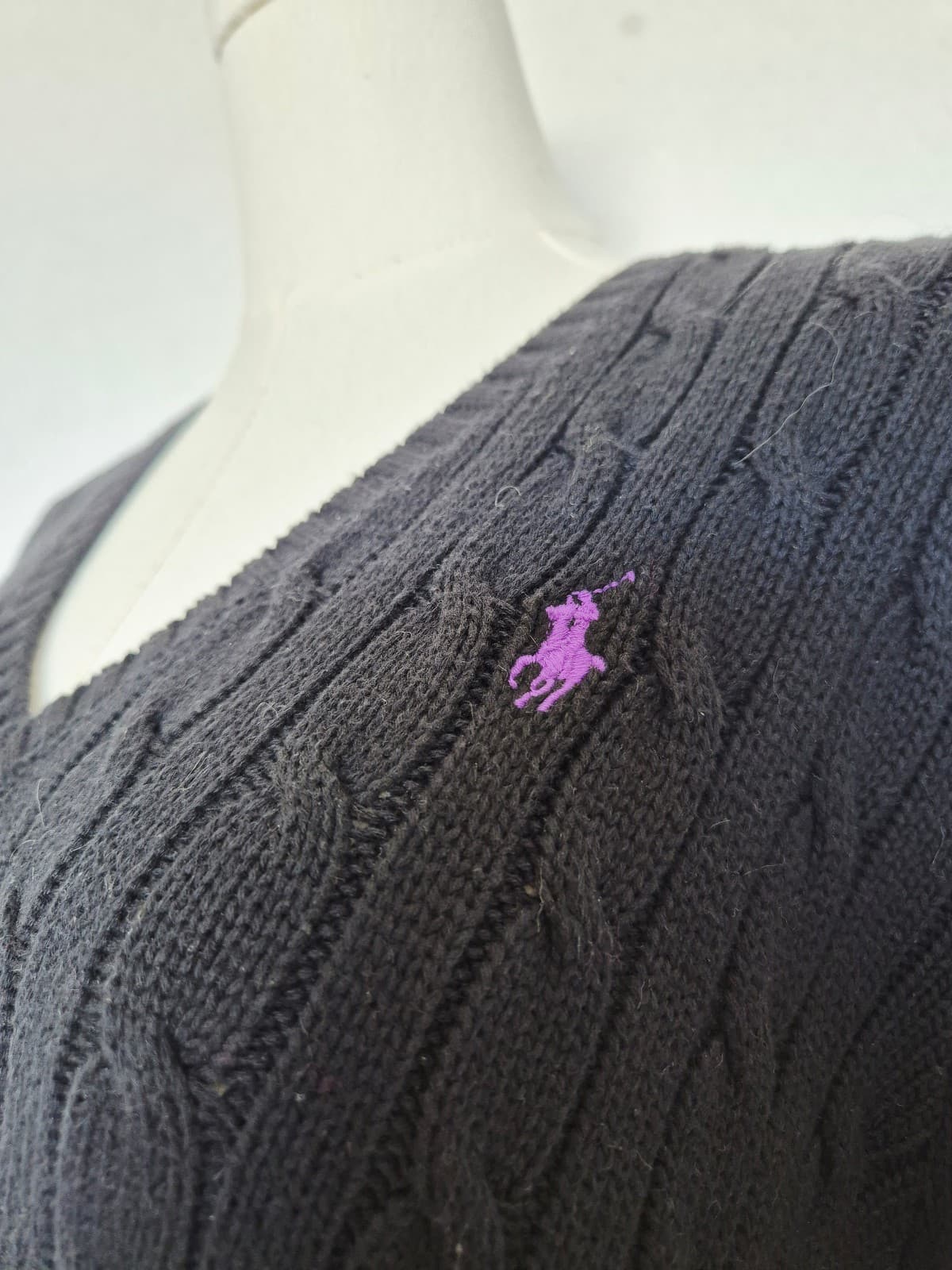 Vintage Y2K Ralph Lauren Sport Pony Cotton Cable Knit V-Neck Sweater Black Sz.XL - Thumbnail 5