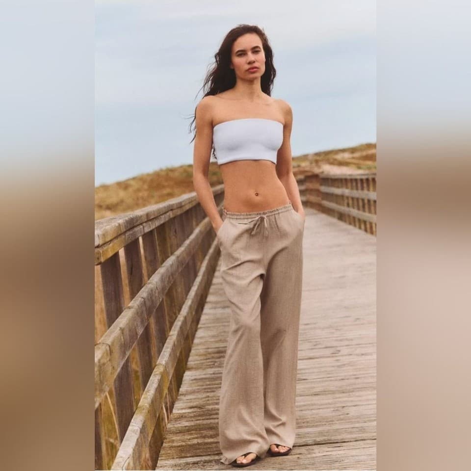 ZARA Chinkle Gauze Wide Leg Pants Elastic Waist Pull-On Pocket Light-Brown Sz.M - Thumbnail 4