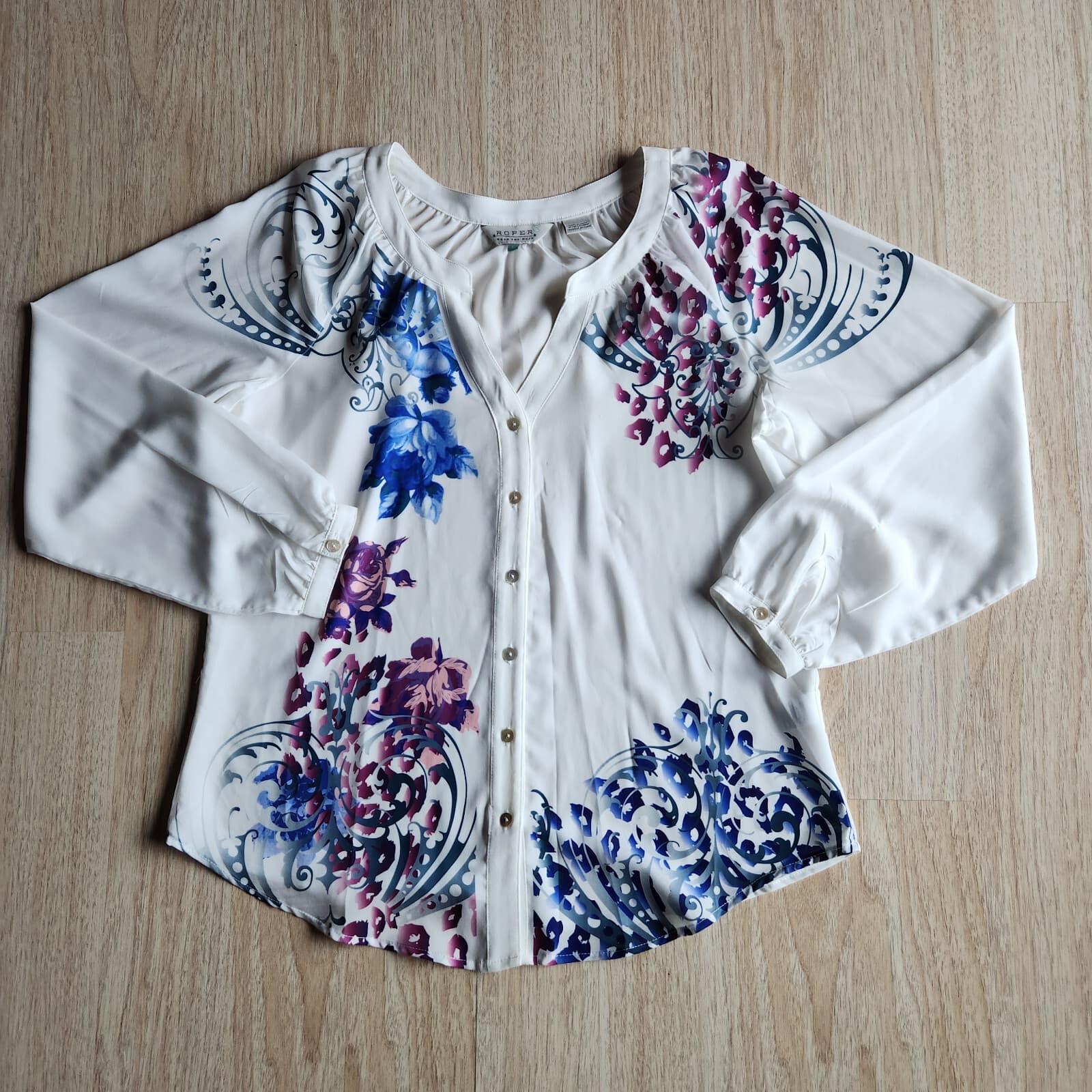 EUC ROPER Wear the West Floral Button Down Shirt Long Sleeve White Women Sz.L - Thumbnail 3