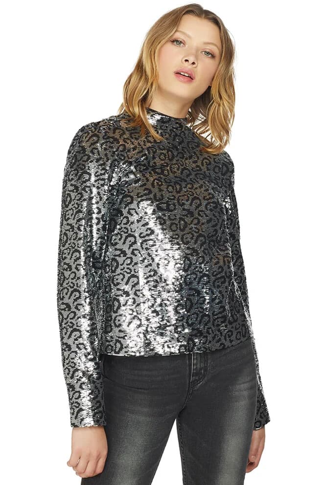 RtA $325 Freddie Sequin Silver Leopard Cocktail Party Top Mock Neck Slit-Back S - Thumbnail 2