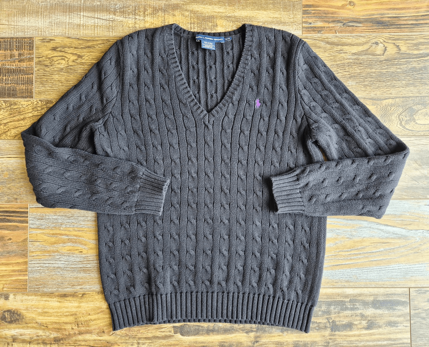 Vintage Y2K Ralph Lauren Sport Pony Cotton Cable Knit V-Neck Sweater Black Sz.XL