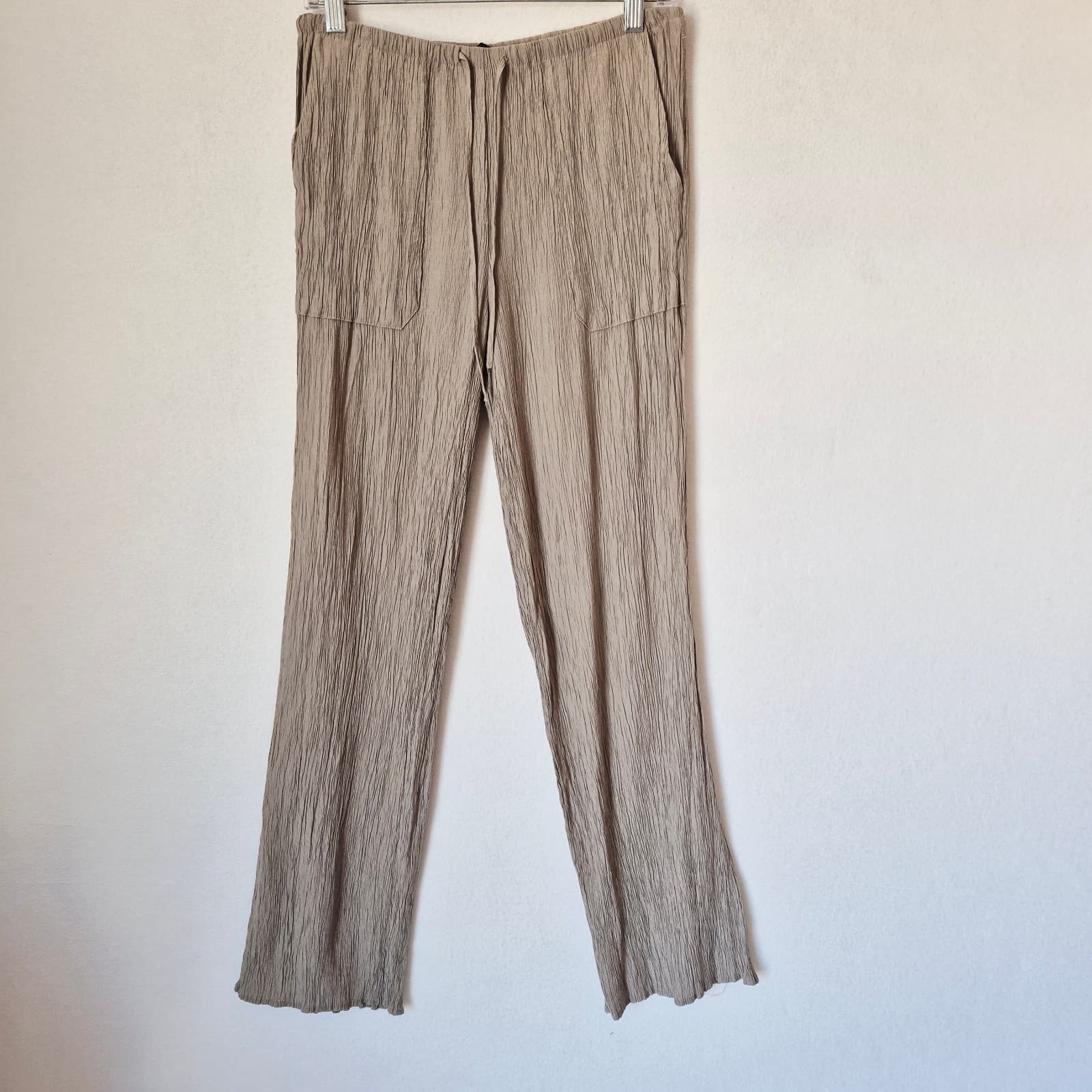 ZARA Chinkle Gauze Wide Leg Pants Elastic Waist Pull-On Pocket Light-Brown Sz.M - Thumbnail 5