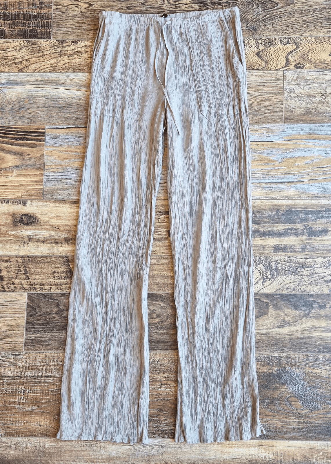 ZARA Chinkle Gauze Wide Leg Pants Elastic Waist Pull-On Pocket Light-Brown Sz.M