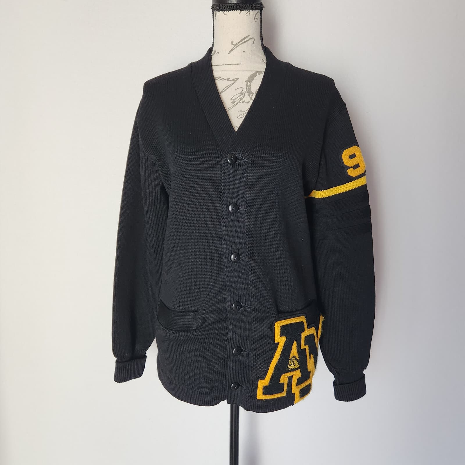 Vintage Albion Knit 100% Virgin Wool Letterman Cardigan Pocket Black Unisex Sz.S - Thumbnail 2