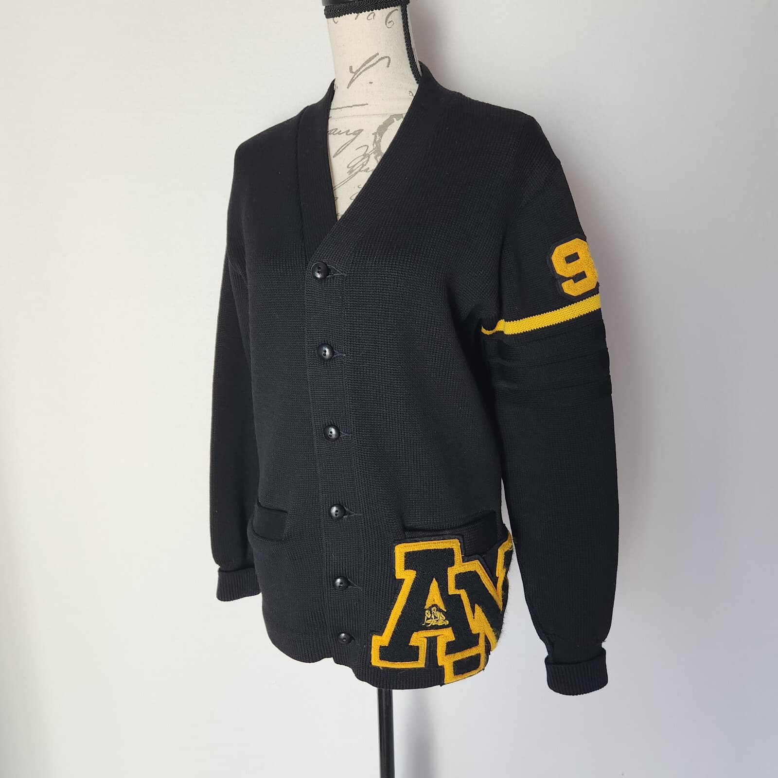 Vintage Albion Knit 100% Virgin Wool Letterman Cardigan Pocket Black Unisex Sz.S - Thumbnail 3