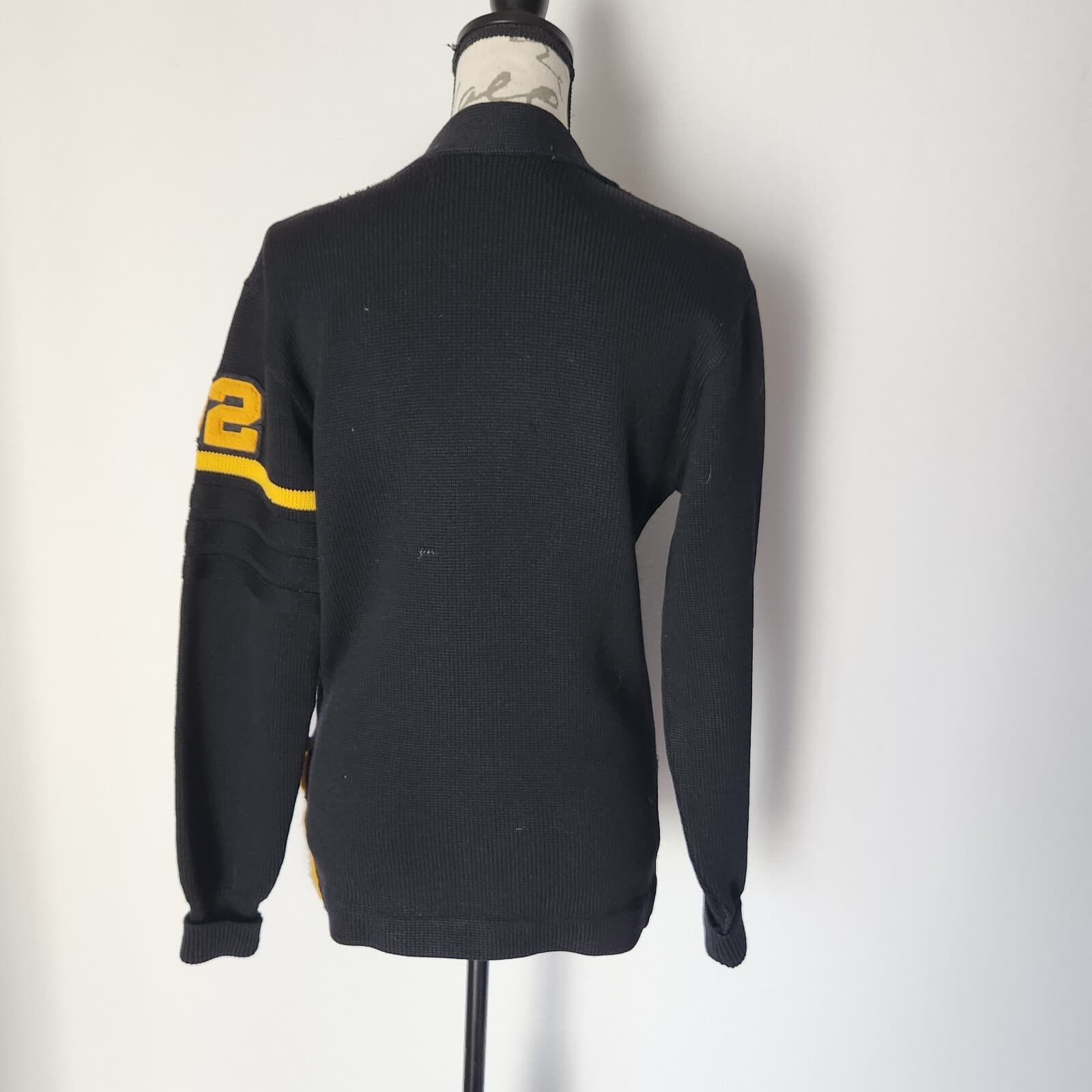 Vintage Albion Knit 100% Virgin Wool Letterman Cardigan Pocket Black Unisex Sz.S - Thumbnail 5