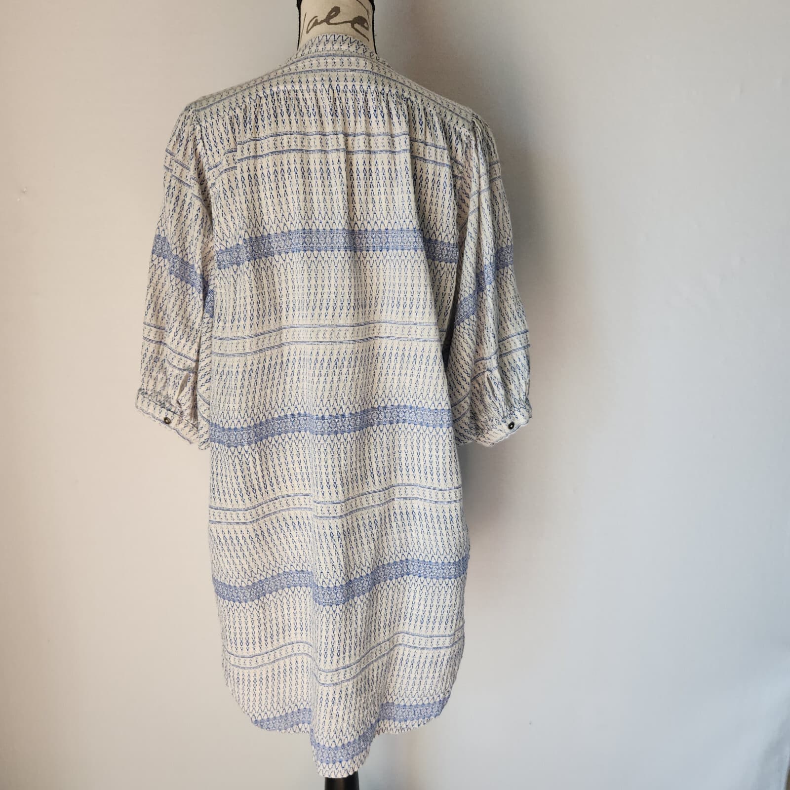 Anthropologie Maeve Yarn Dyed Lena Tunic Top 3/4 Sleeve Blue White Oversize XS - Thumbnail 6