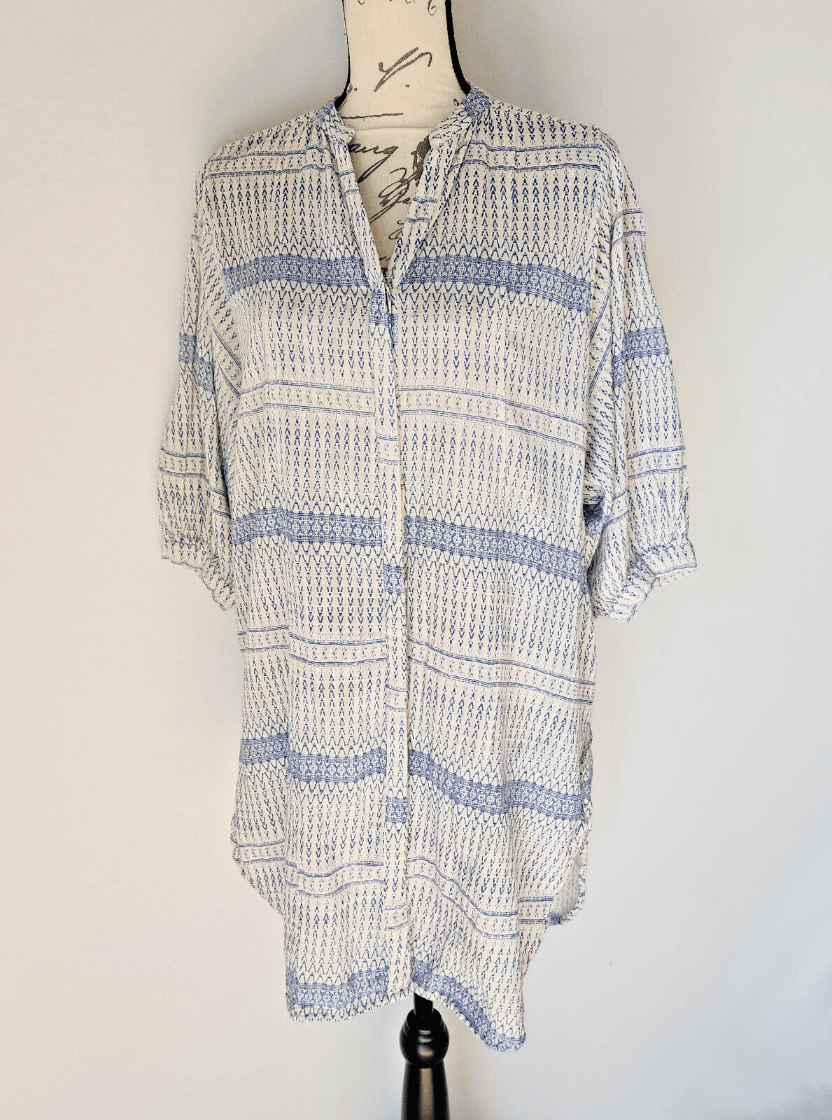 Anthropologie Maeve Yarn Dyed Lena Tunic Top 3/4 Sleeve Blue White Oversize XS - Thumbnail 2