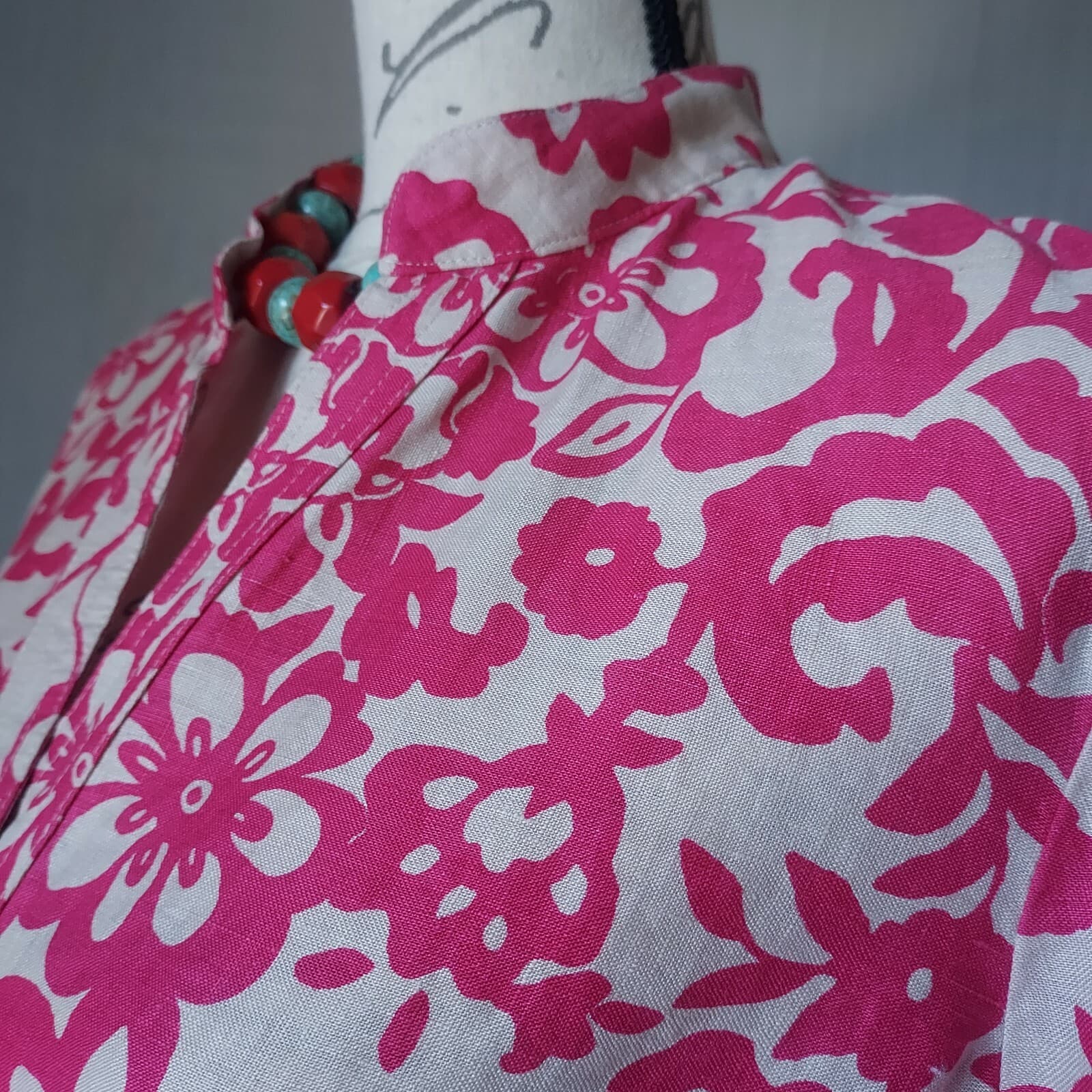 Charter Club 100%Linen Floral Tunic Top Button V-Neck Long Sleeve Pink Tan Sz.14 - Thumbnail 2