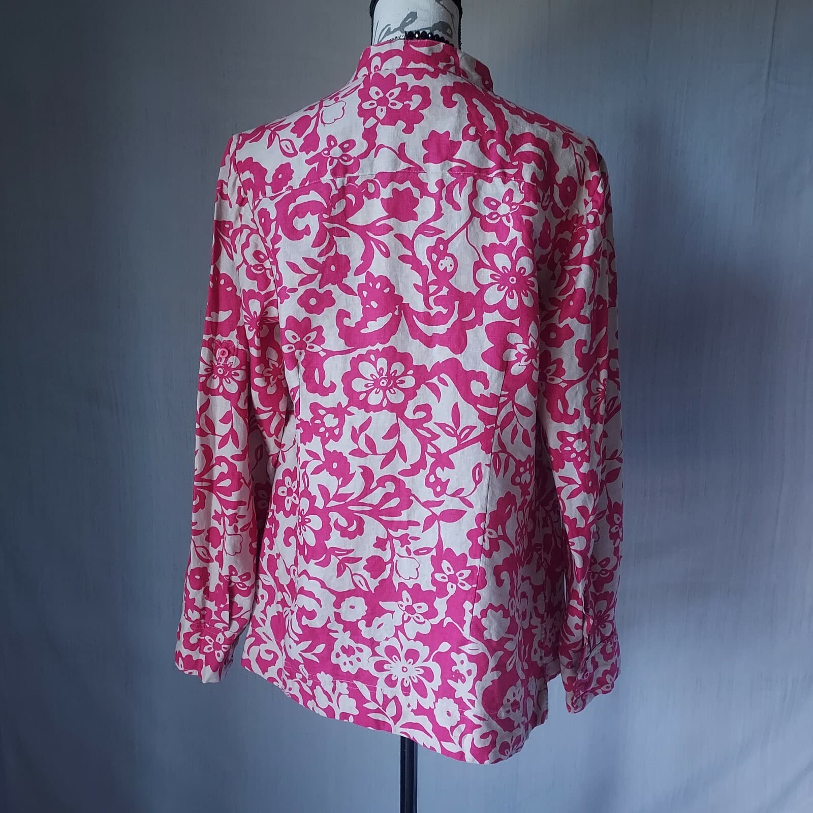 Charter Club 100%Linen Floral Tunic Top Button V-Neck Long Sleeve Pink Tan Sz.14 - Thumbnail 4
