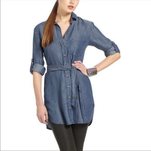 Cloth & Stone Anthropologie Chambray Printed Tunic Shirt Button Long Sleeve Sz.M - Thumbnail 2