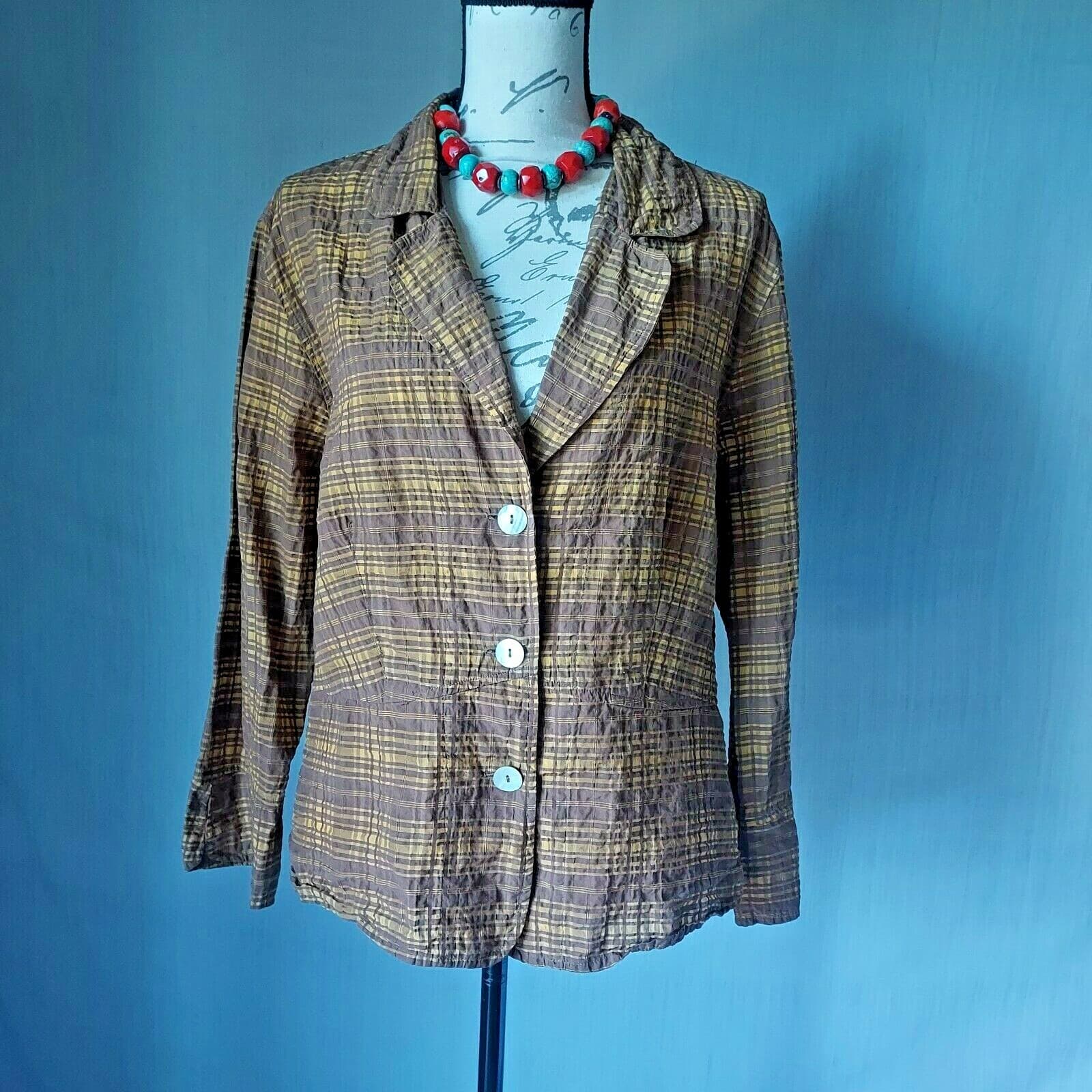 Cut Loose Tartan Blazer Lightweight Button Long Sleeve Yellow-Brown Women XL USA