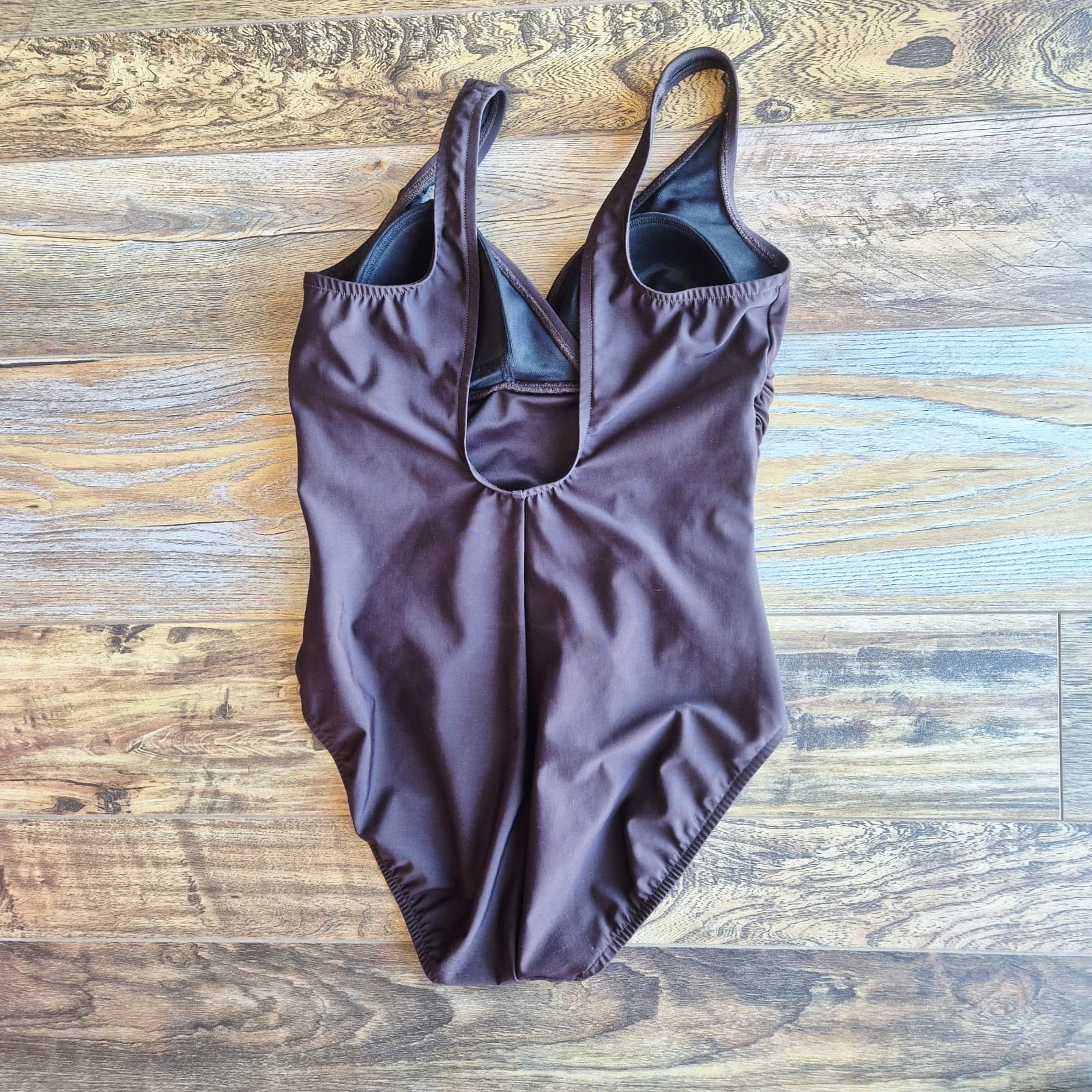 Trimshaper One Piece Surplice Swimsuit Ruched Tummy Control Underwire Brown US10 - Thumbnail 6