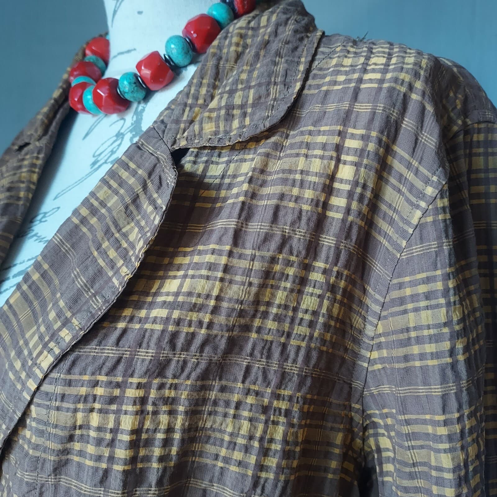 Cut Loose Tartan Blazer Lightweight Button Long Sleeve Yellow-Brown Women XL USA - Thumbnail 2