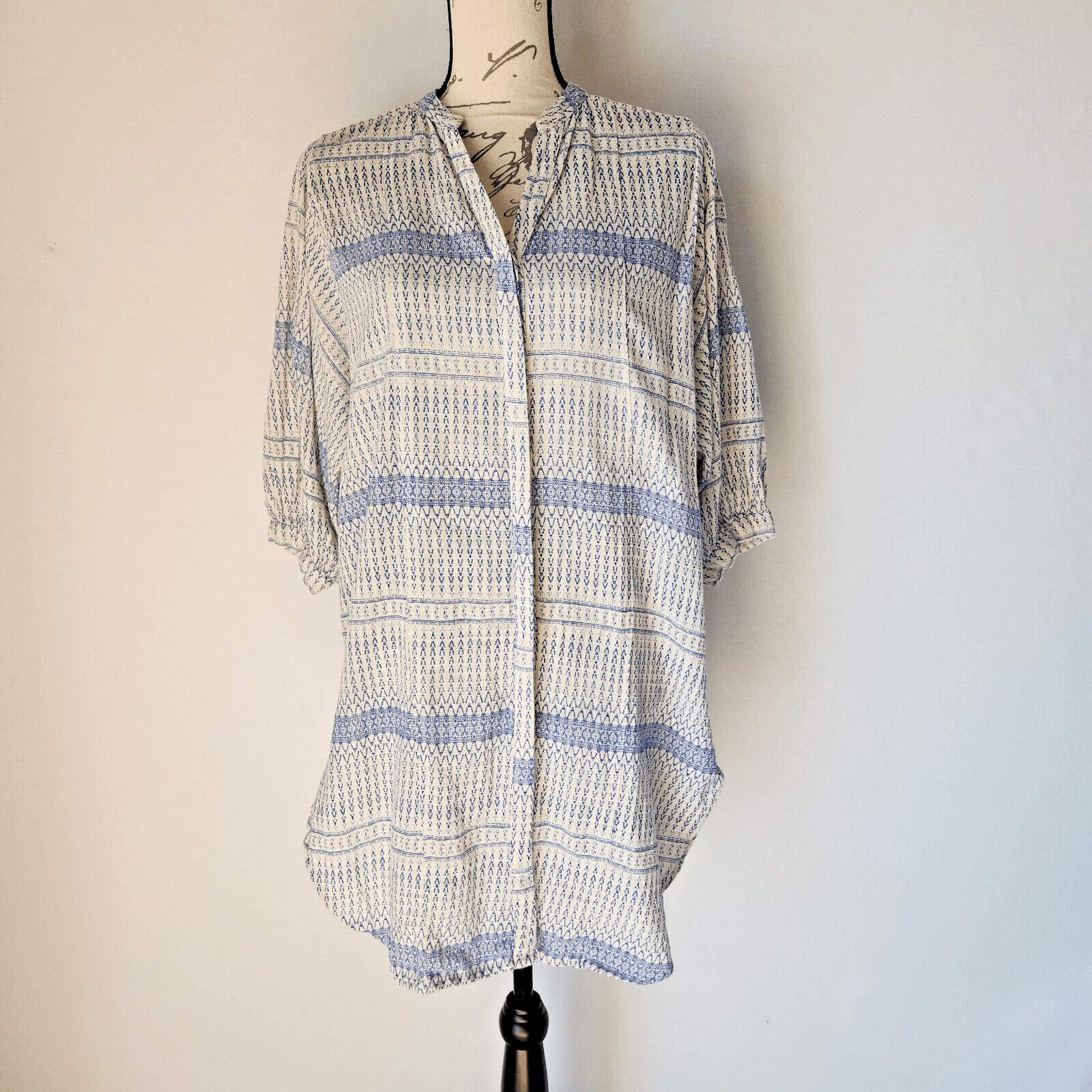 Anthropologie Maeve Yarn Dyed Lena Tunic Top 3/4 Sleeve Blue White Oversize XS - Thumbnail 3