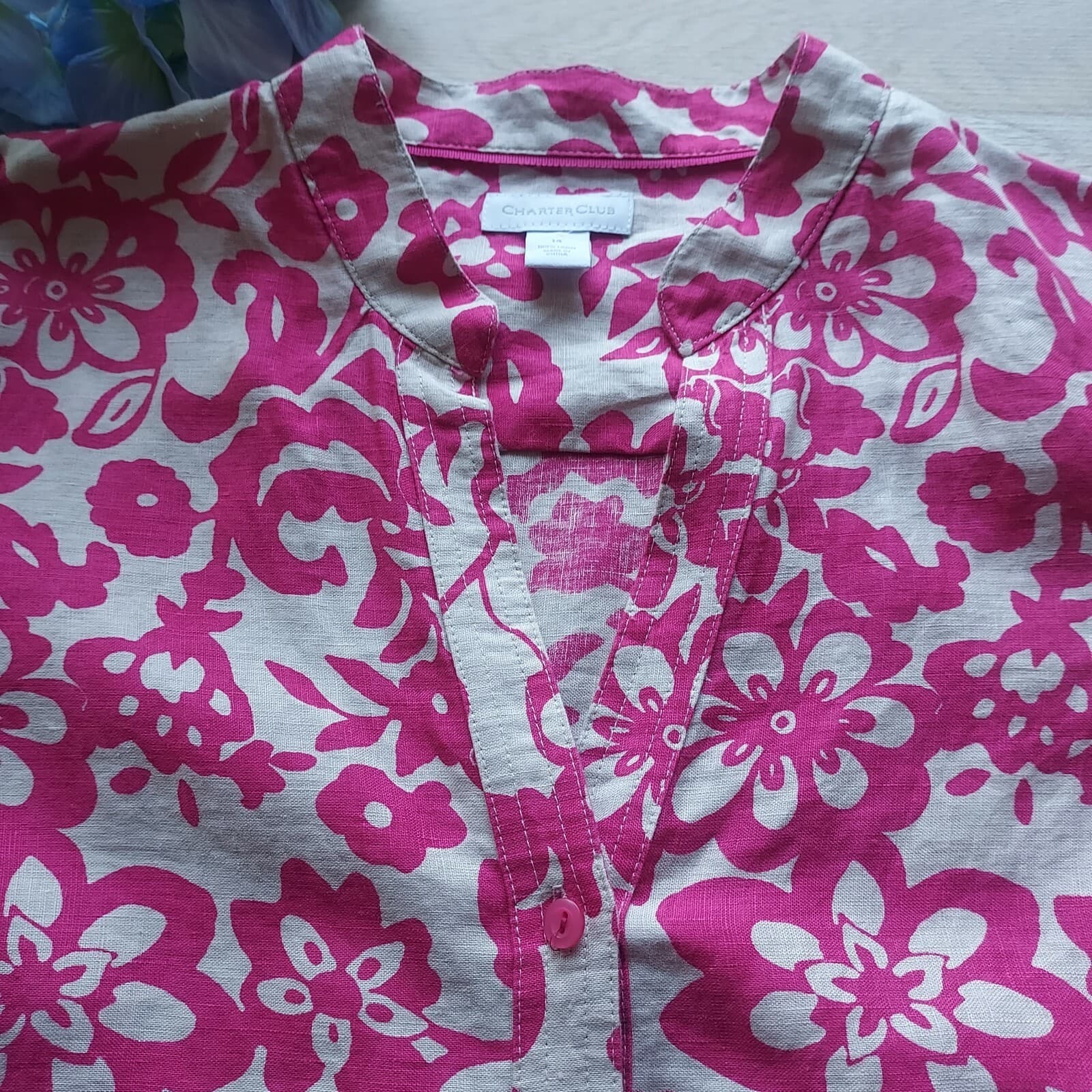 Charter Club 100%Linen Floral Tunic Top Button V-Neck Long Sleeve Pink Tan Sz.14 - Thumbnail 8