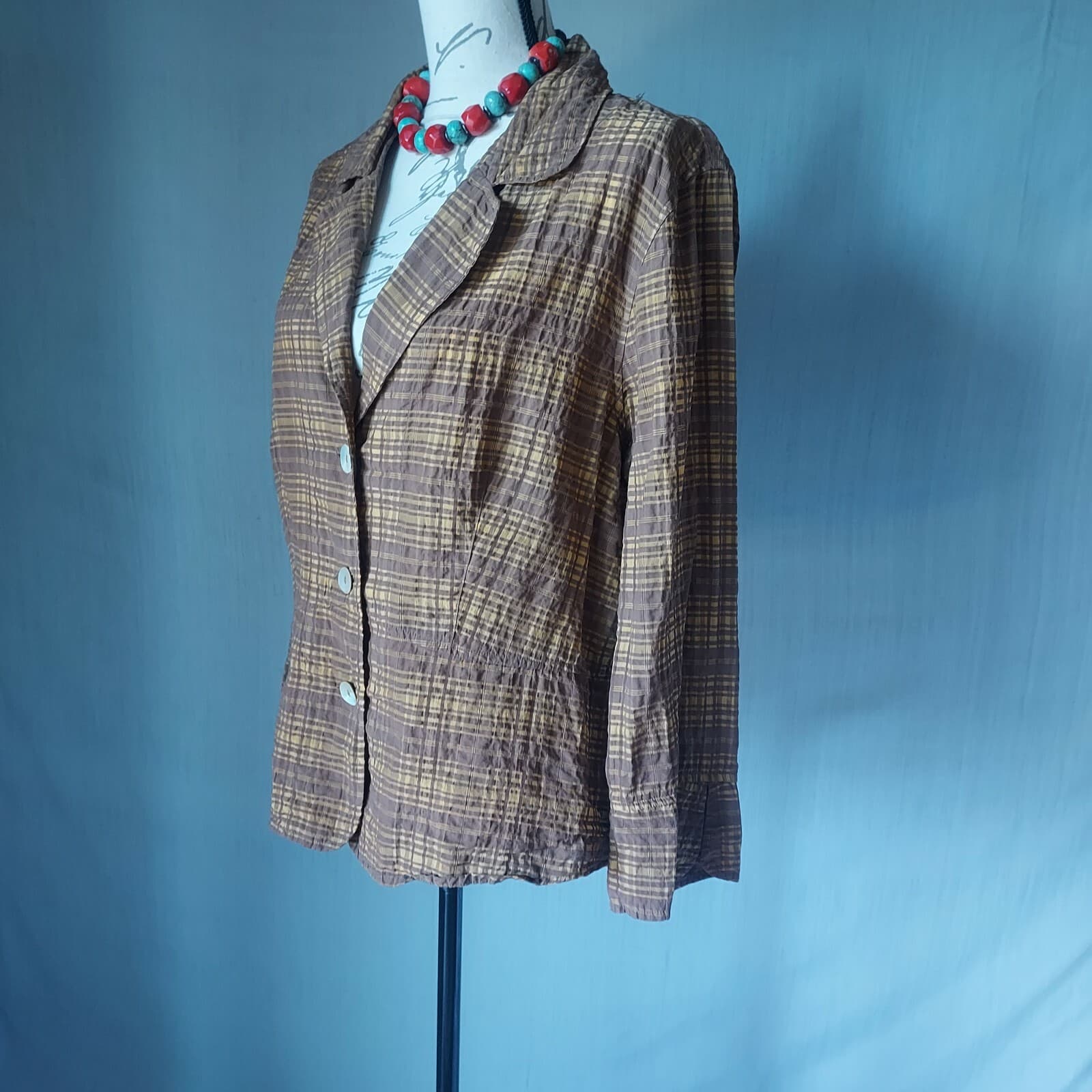 Cut Loose Tartan Blazer Lightweight Button Long Sleeve Yellow-Brown Women XL USA - Thumbnail 3