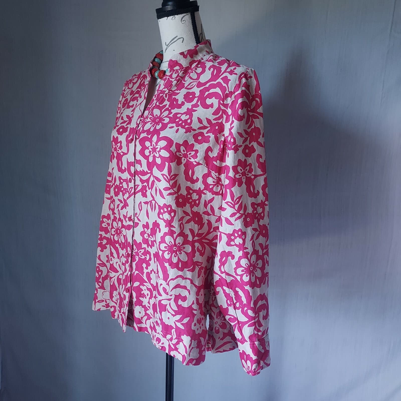 Charter Club 100%Linen Floral Tunic Top Button V-Neck Long Sleeve Pink Tan Sz.14 - Thumbnail 3