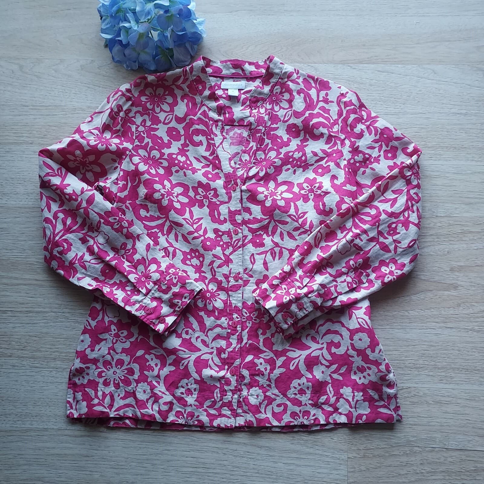 Charter Club 100%Linen Floral Tunic Top Button V-Neck Long Sleeve Pink Tan Sz.14 - Thumbnail 5