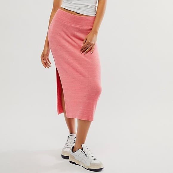 Free People Golden Hour Ribbed Knit Midi Skirt Side-Slit Pull-On Camelia Sz.XS - Thumbnail 2