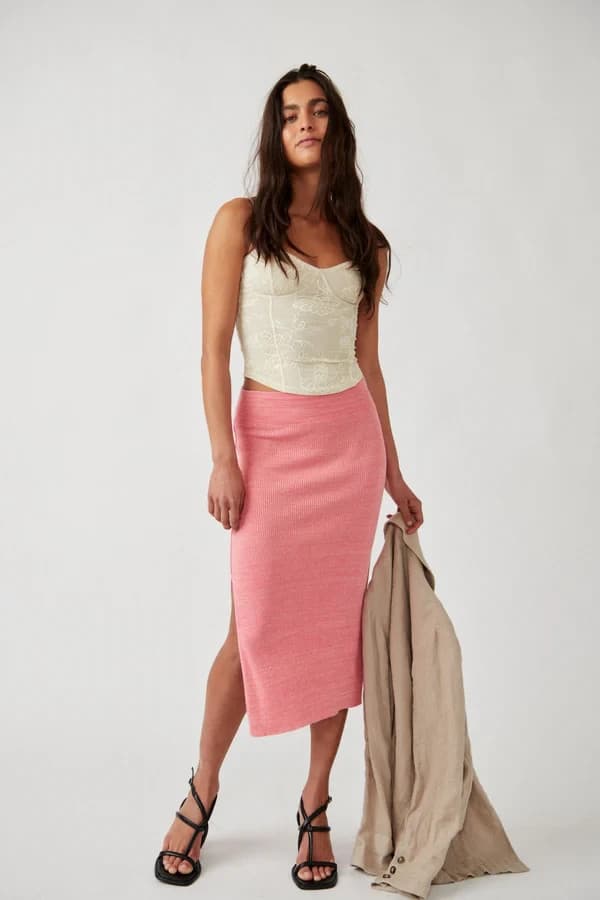 Free People Golden Hour Ribbed Knit Midi Skirt Side-Slit Pull-On Camelia Sz.XS - Thumbnail 6