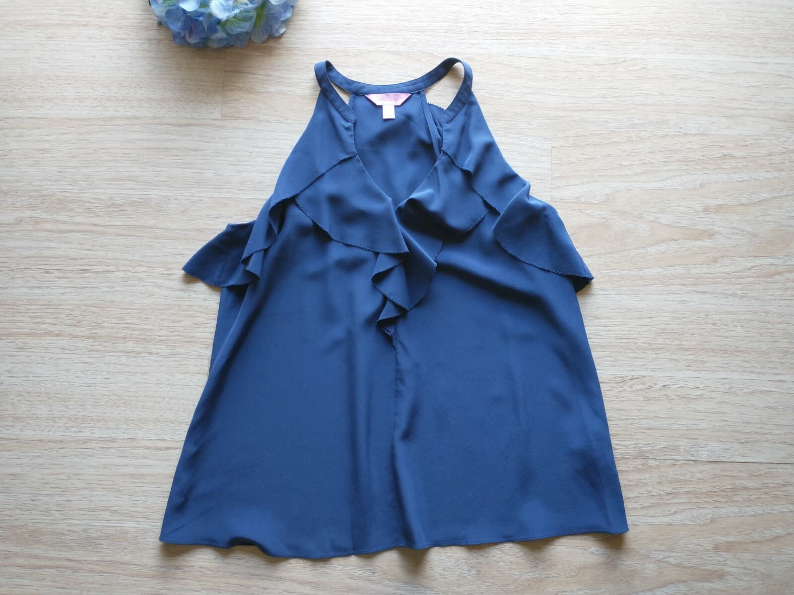 Lilly Pulitzer Tita 100% Silk Top Sleeveless Ruffle V Neck Navy Blue Women Sz.XS - Thumbnail 6