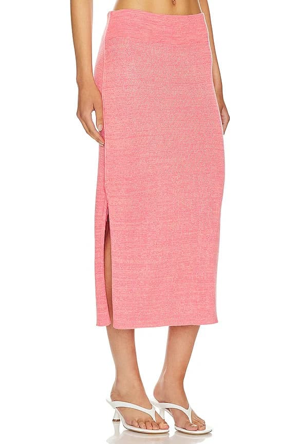 Free People Golden Hour Ribbed Knit Midi Skirt Side-Slit Pull-On Camelia Sz.XS - Thumbnail 4