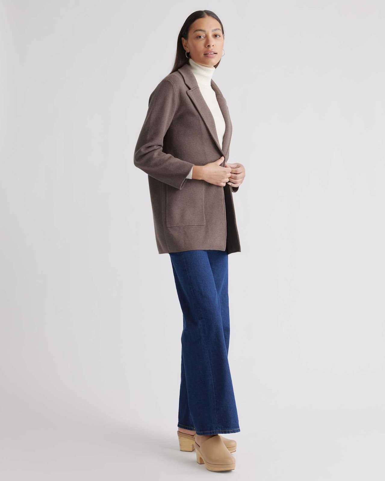 Quince 100% Organic Cotton Knit Blazer Open-Front Pocket Heather Brown Women's M - Thumbnail 6