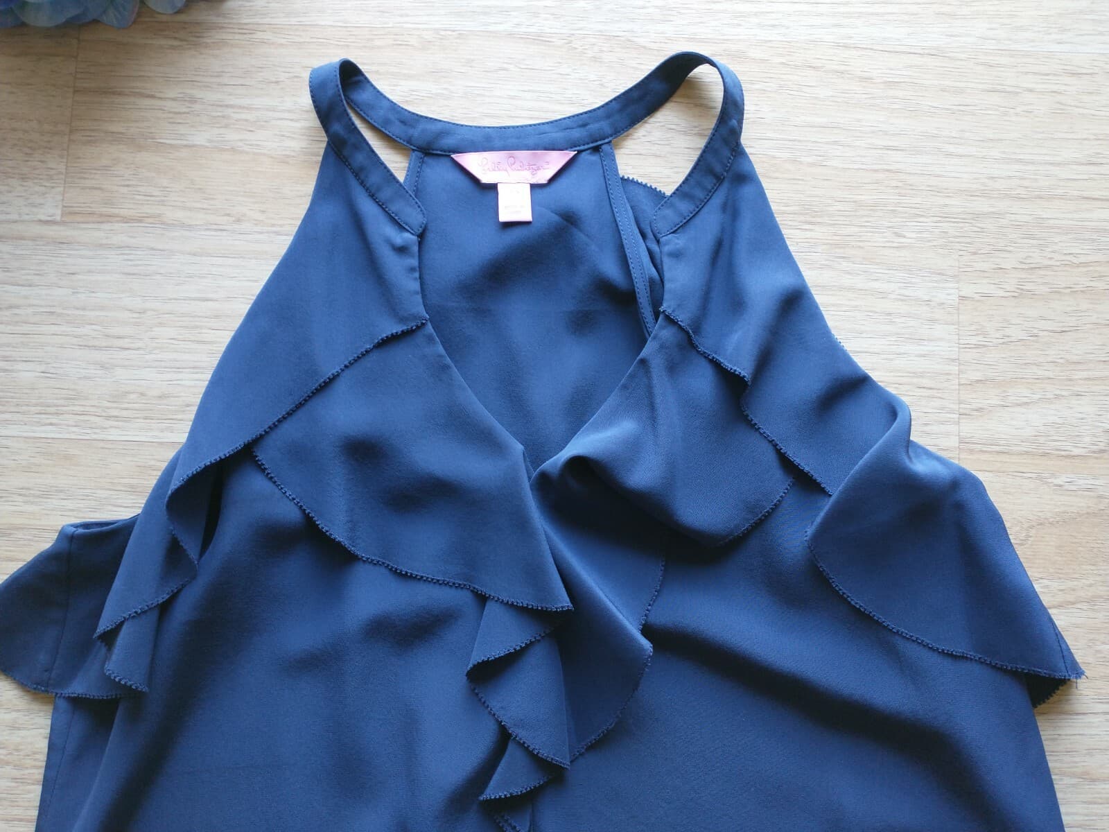 Lilly Pulitzer Tita 100% Silk Top Sleeveless Ruffle V Neck Navy Blue Women Sz.XS - Thumbnail 7